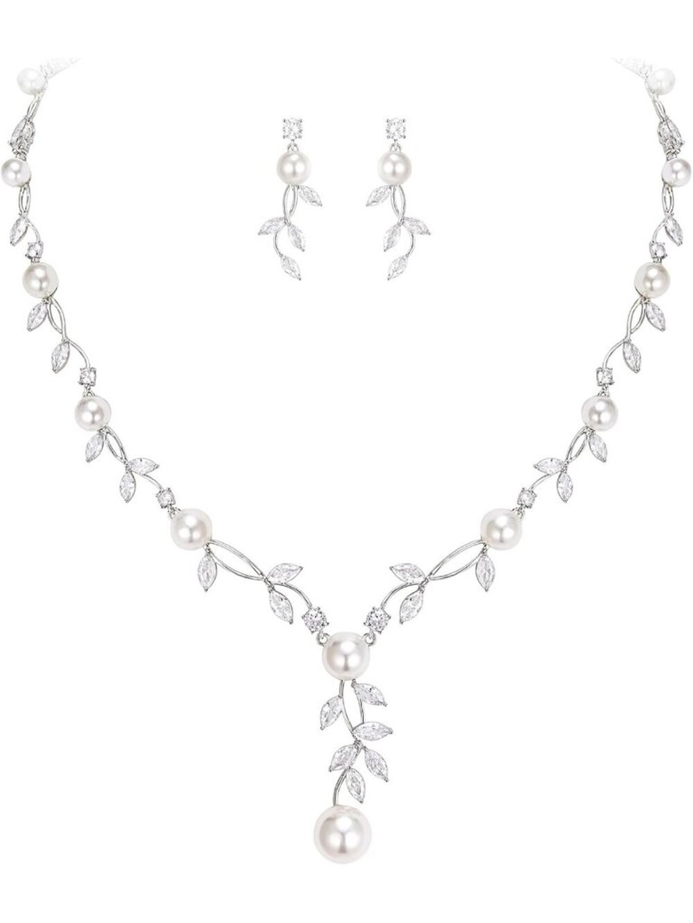Elegant Pearl & Cubic Zirconia Leaf Vine Wedding Jewelry Set for Brides